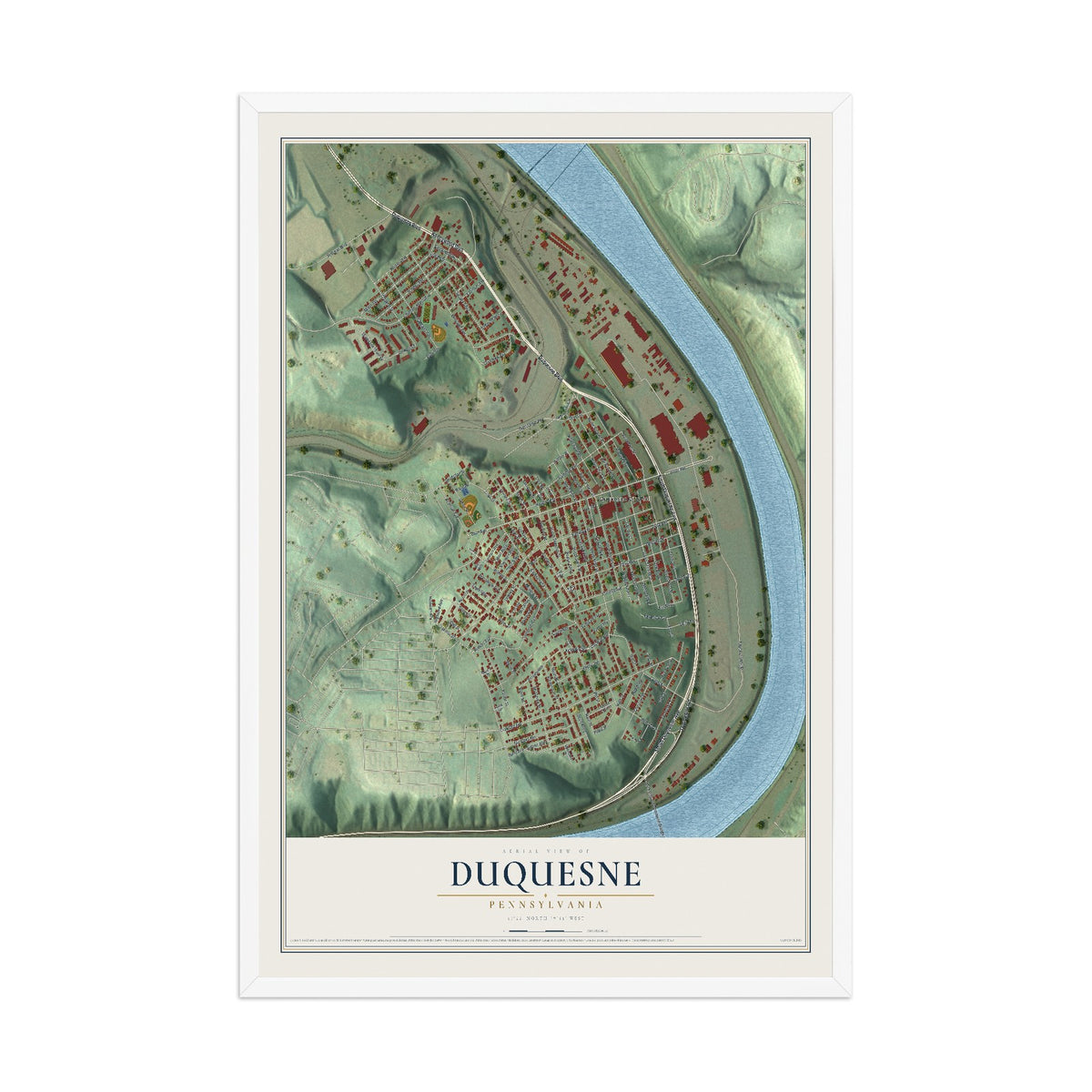 Map of Duquesne, Pennsylvania, 12 x 18 inch print in a white wood frame