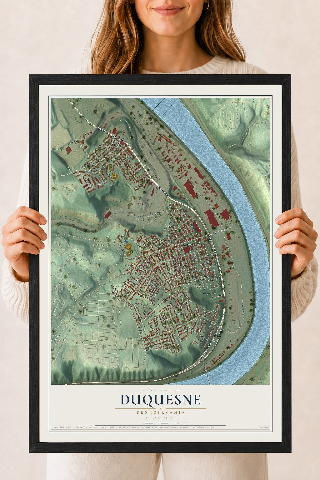 Map of Duquesne, Pennsylvania, 18 x 24 inch print in a black wood frame