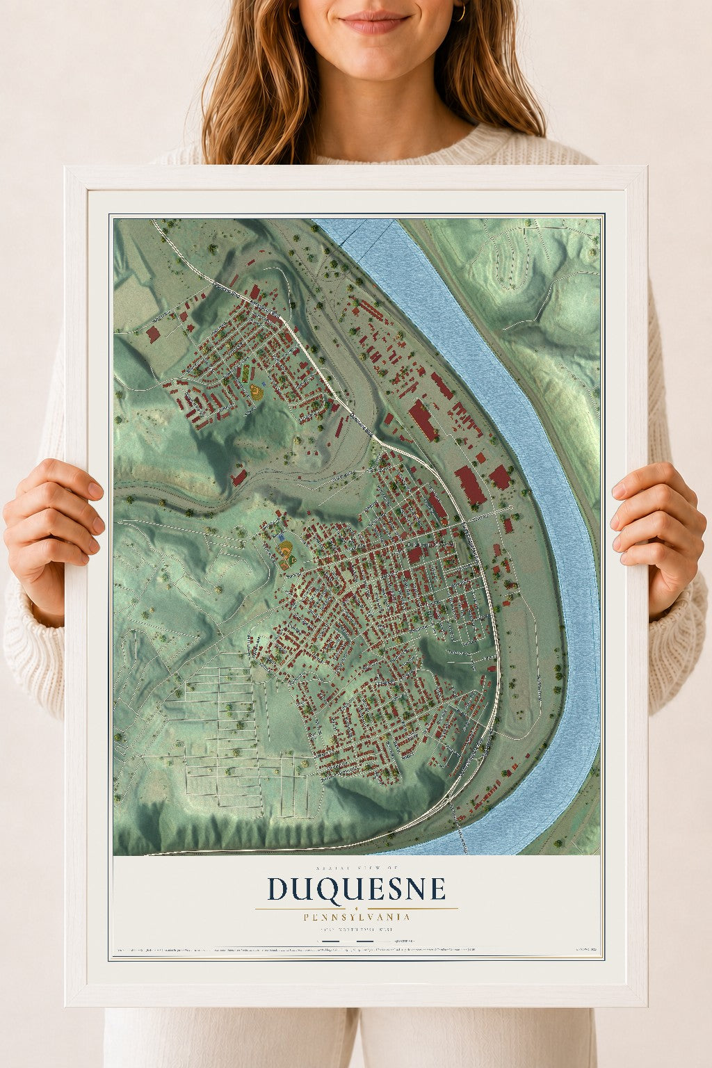 Map of Duquesne, Pennsylvania, 18 x 24 inch print in a white wood frame