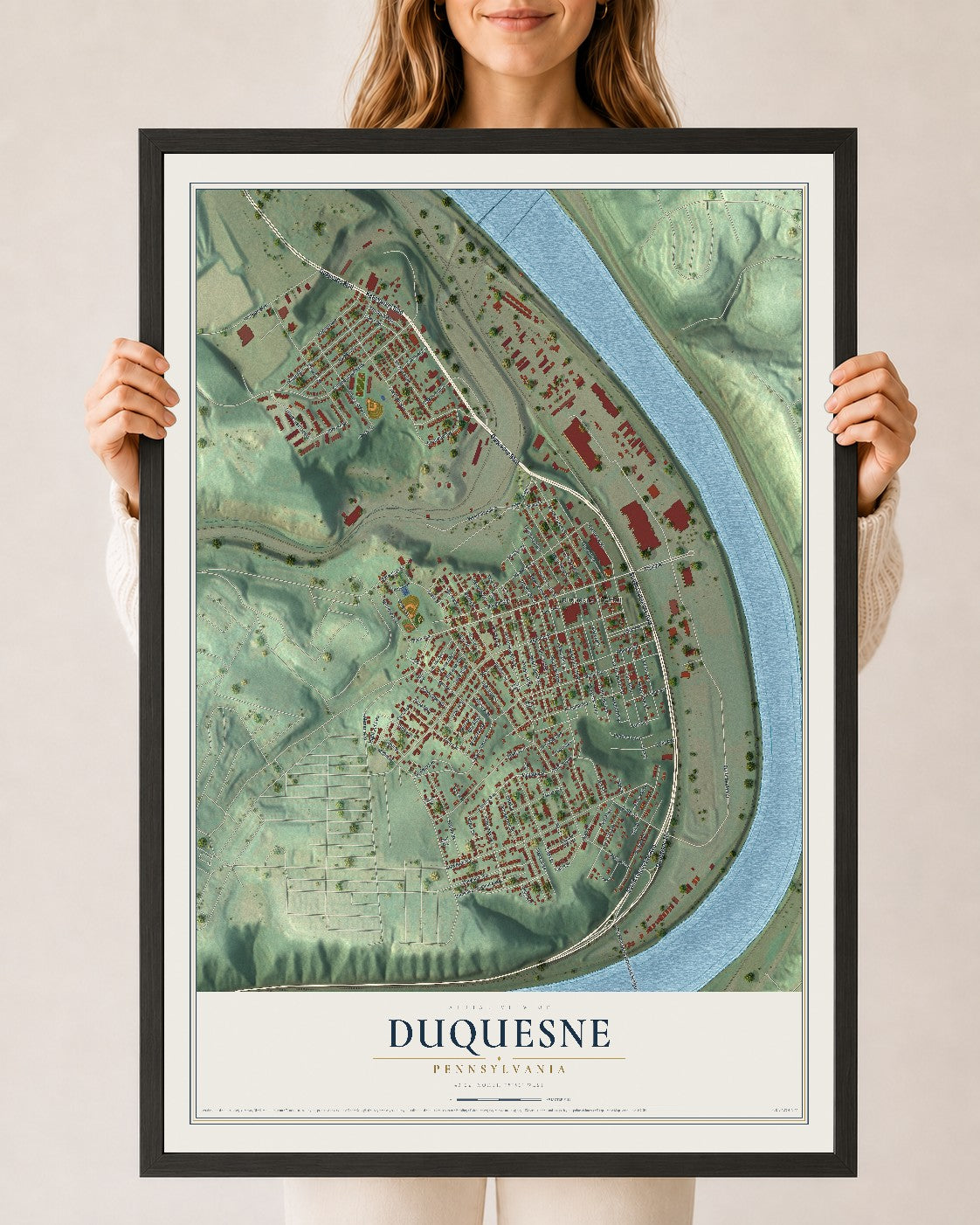 Map of Duquesne, Pennsylvania, 24 x 36 inch print in a black wood frame