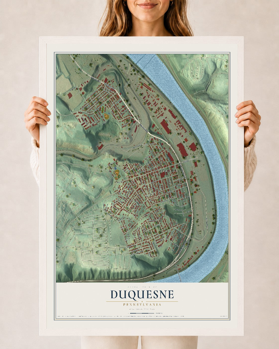 Map of Duquesne, Pennsylvania, 24 x 36 inch print in a white wood frame