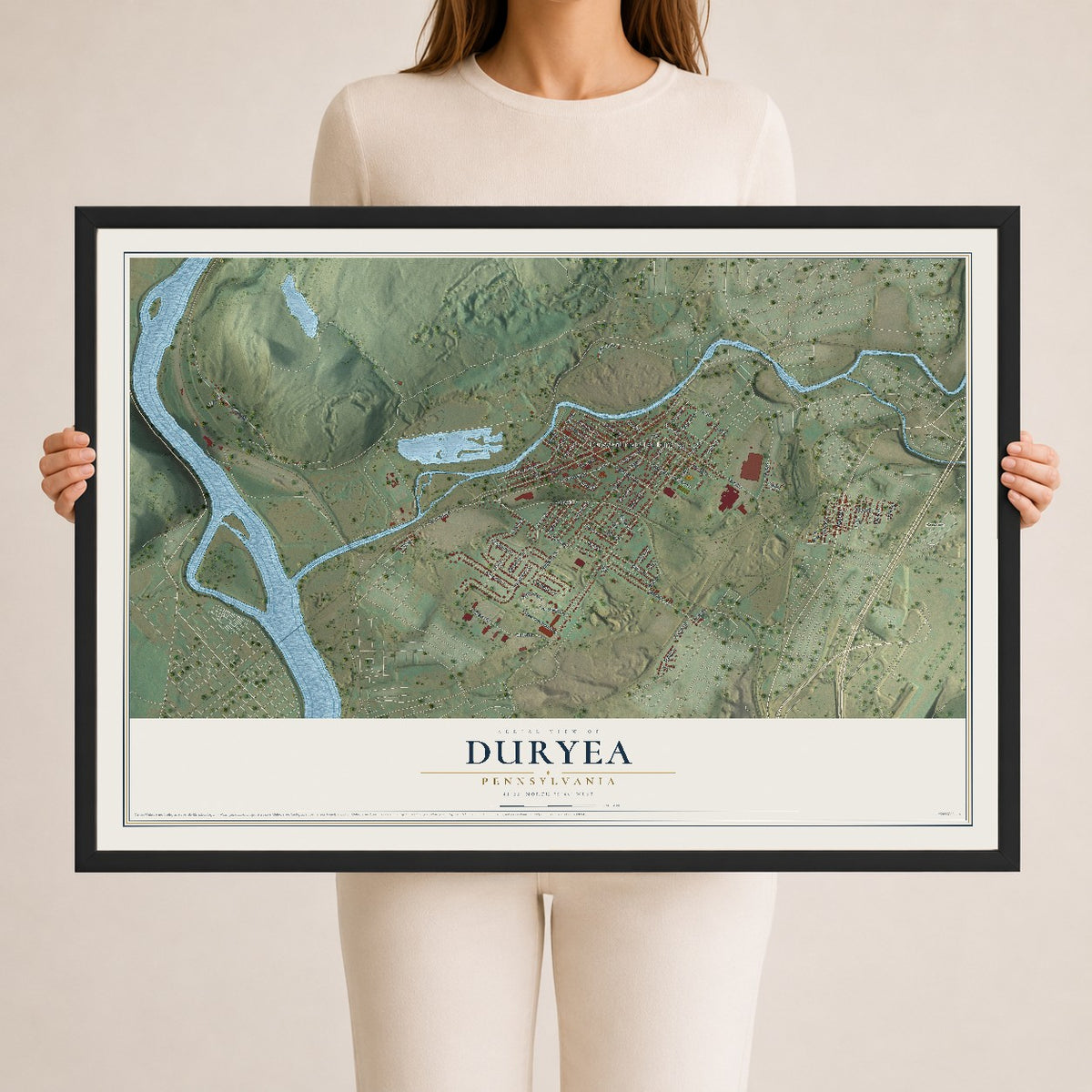 Map of Duryea, Pennsylvania, 24 x 36 inch print in a black wood frame