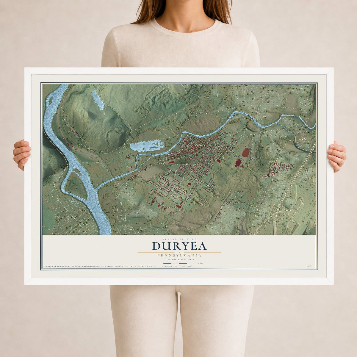 Map of Duryea, Pennsylvania, 24 x 36 inch print in a white wood frame