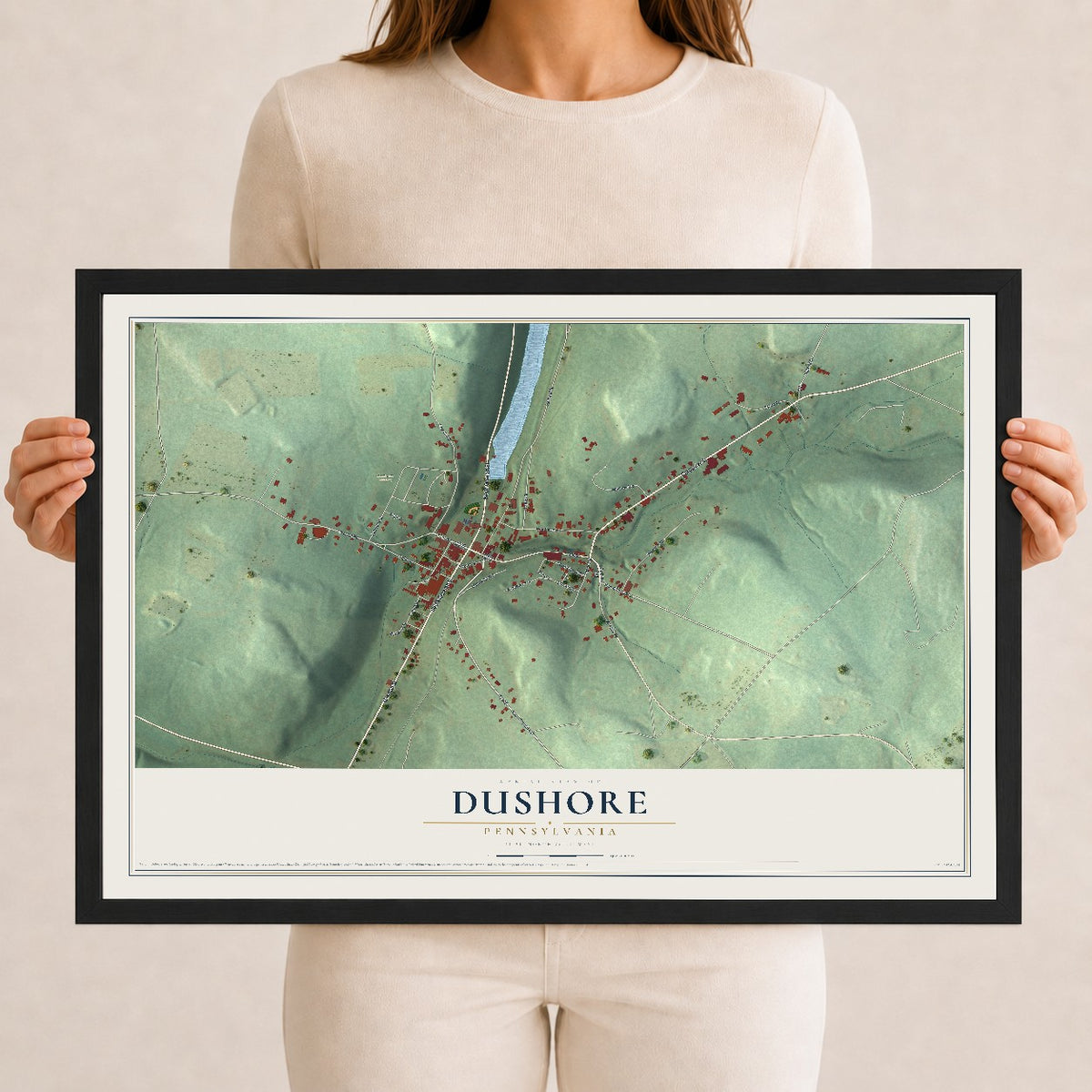 Map of Dushore, Pennsylvania, 12 x 18 inch print in a black wood frame