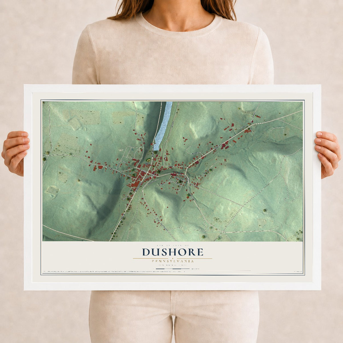 Map of Dushore, Pennsylvania, 12 x 18 inch print in a white wood frame