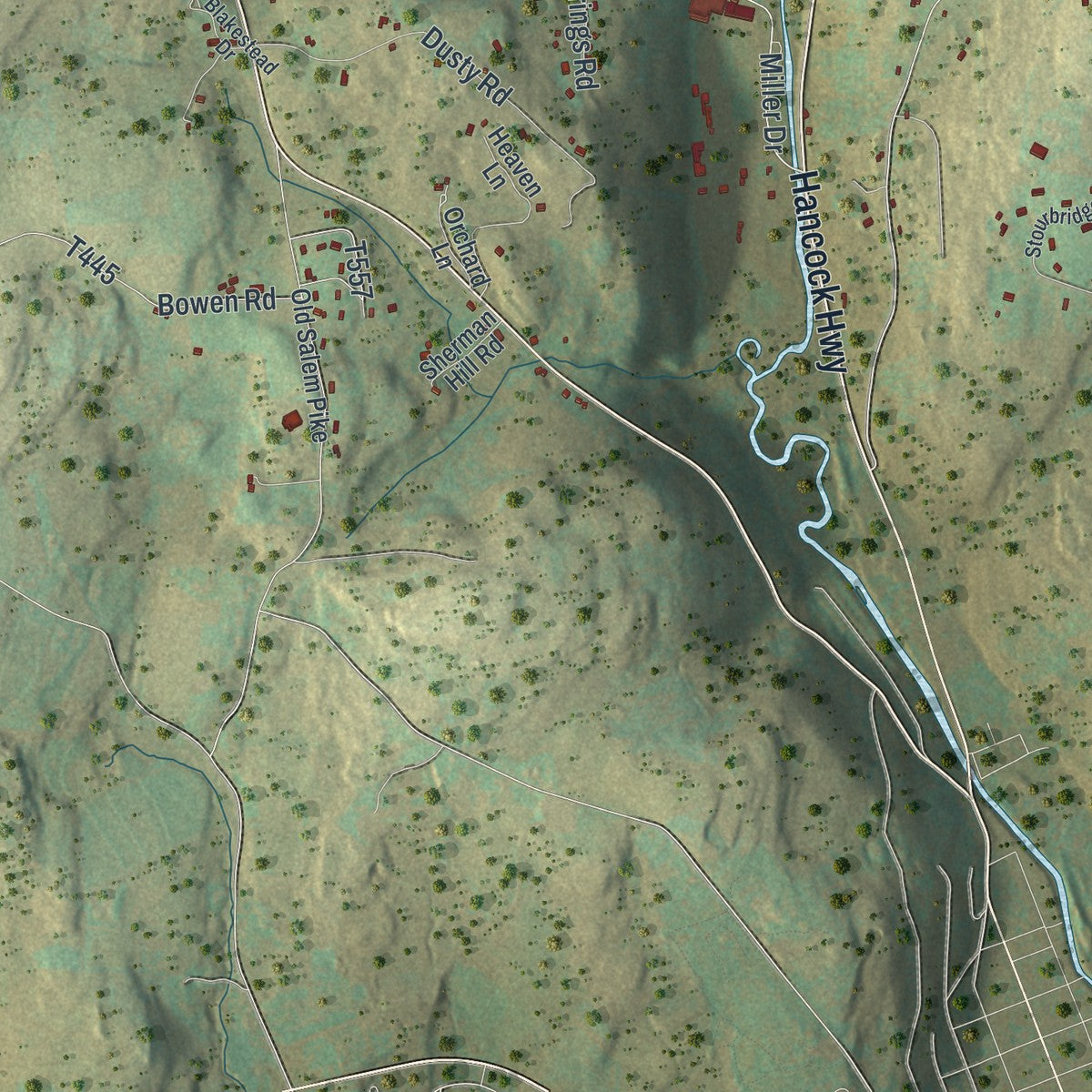 Second close-up of the map of Dyberry, Pennsylvania print showing more streets and buildings