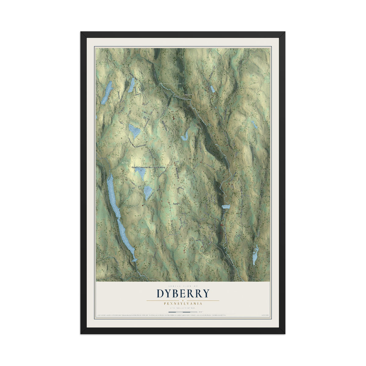 Map of Dyberry, Pennsylvania, 12 x 18 inch print in a black wood frame