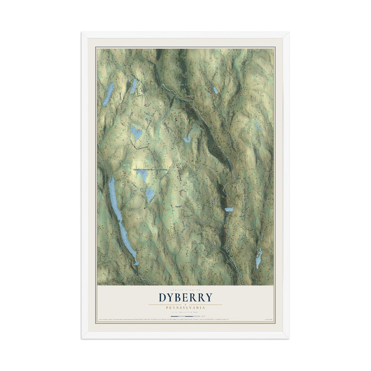 Map of Dyberry, Pennsylvania, 12 x 18 inch print in a white wood frame