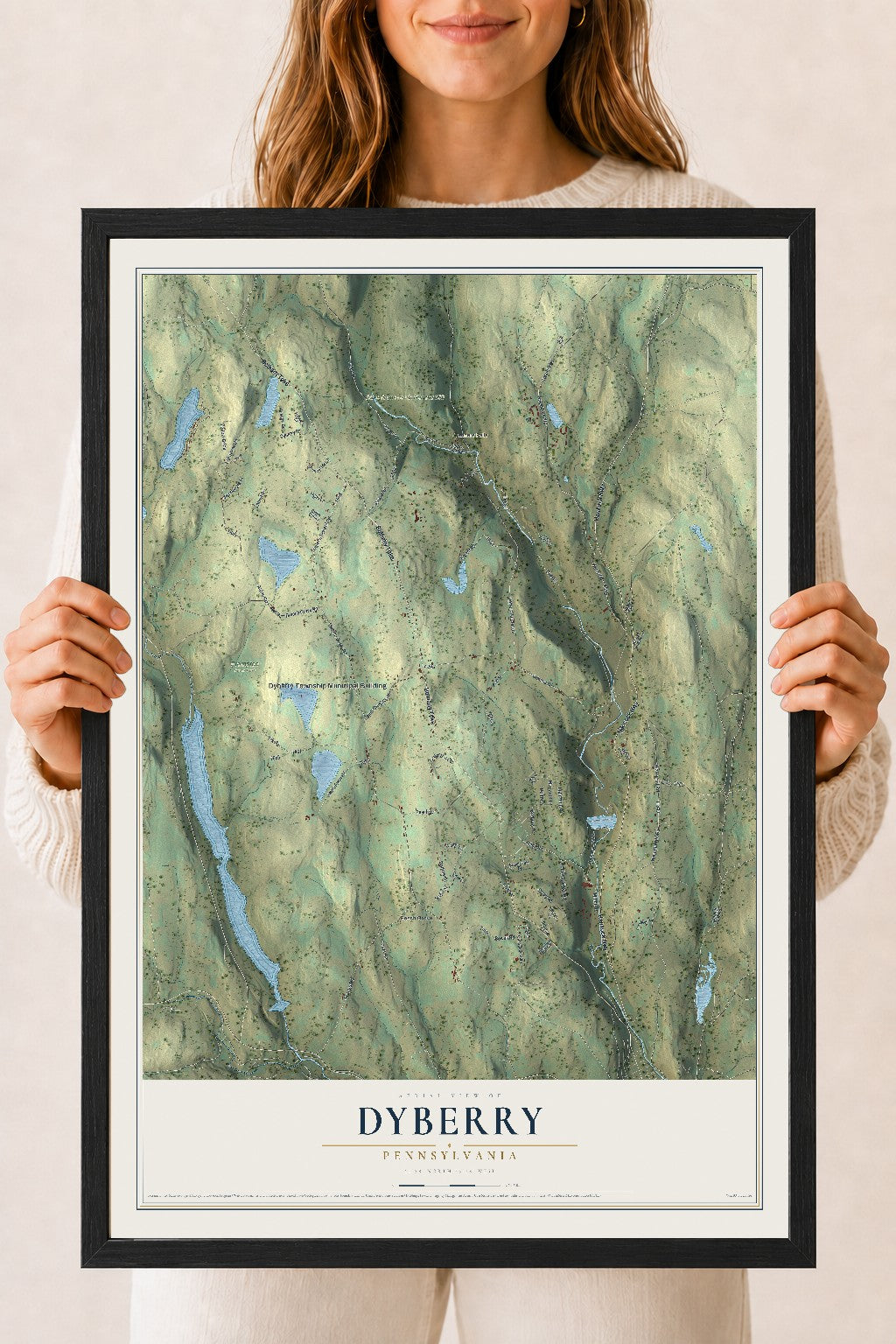 Map of Dyberry, Pennsylvania, 18 x 24 inch print in a black wood frame