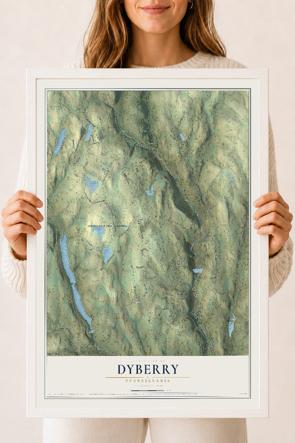 Map of Dyberry, Pennsylvania, 18 x 24 inch print in a white wood frame