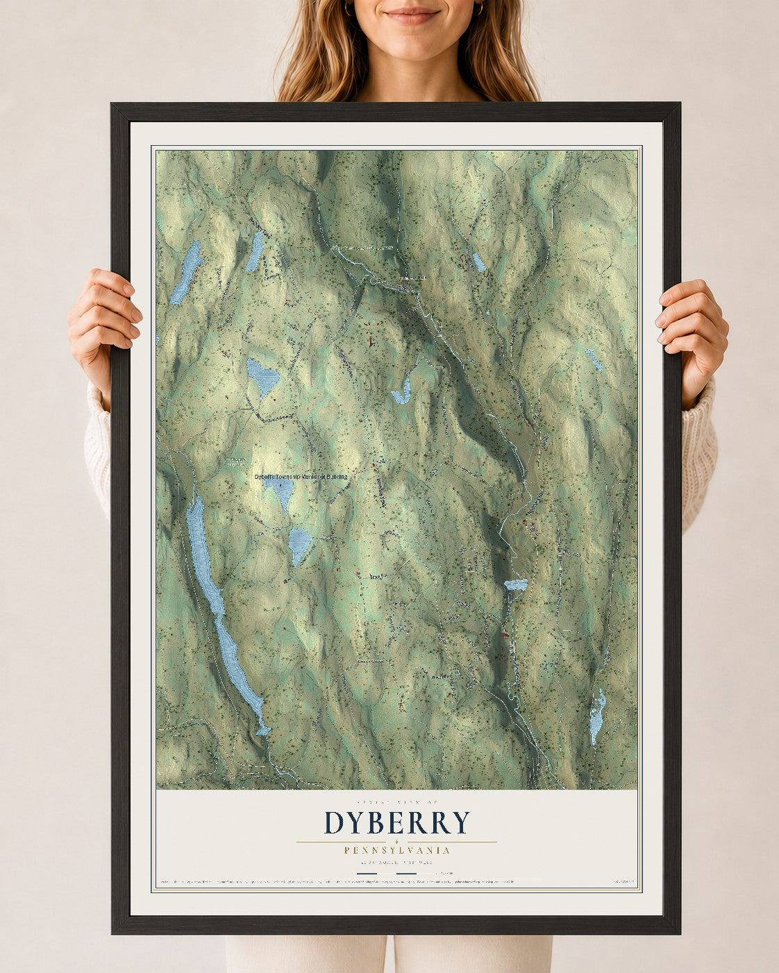 Map of Dyberry, Pennsylvania, 24 x 36 inch print in a black wood frame
