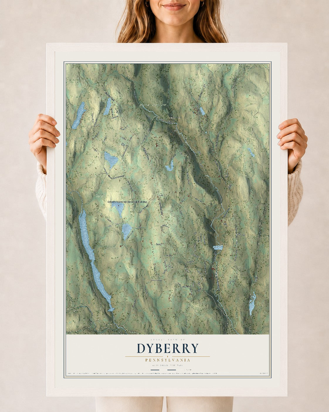 Map of Dyberry, Pennsylvania, 24 x 36 inch print in a white wood frame