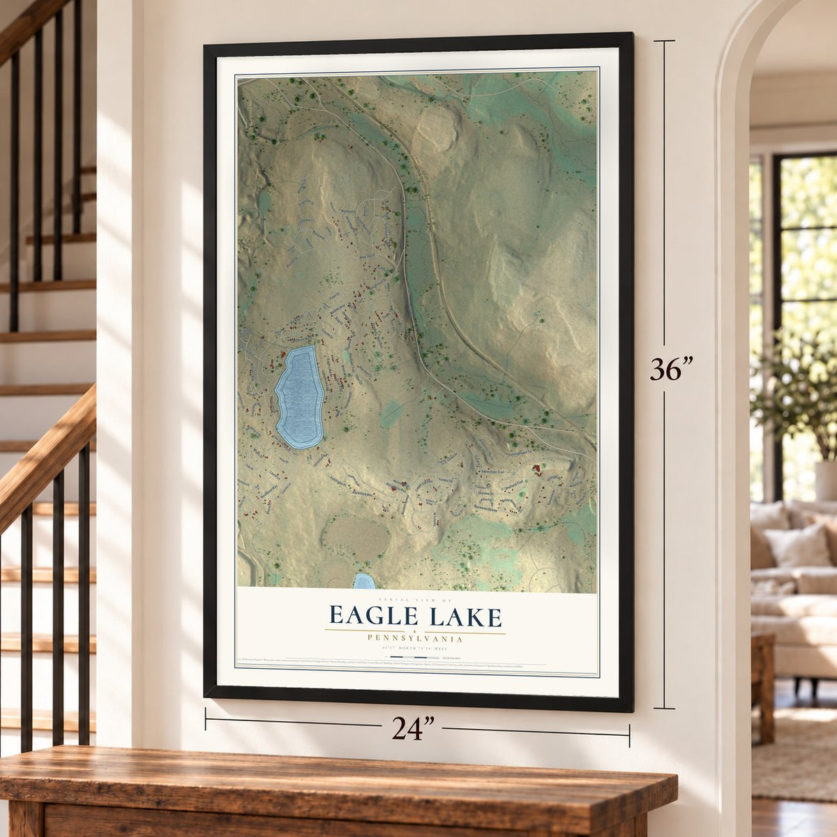 Eagle Lake, Pennsylvania map, 24 x 36 inch print in a black frame by a staircase