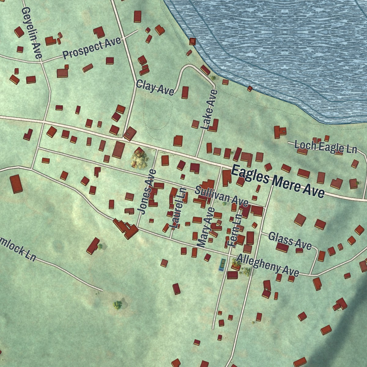 Close-up of the map of Eagles Mere, Pennsylvania print showing street and building detail