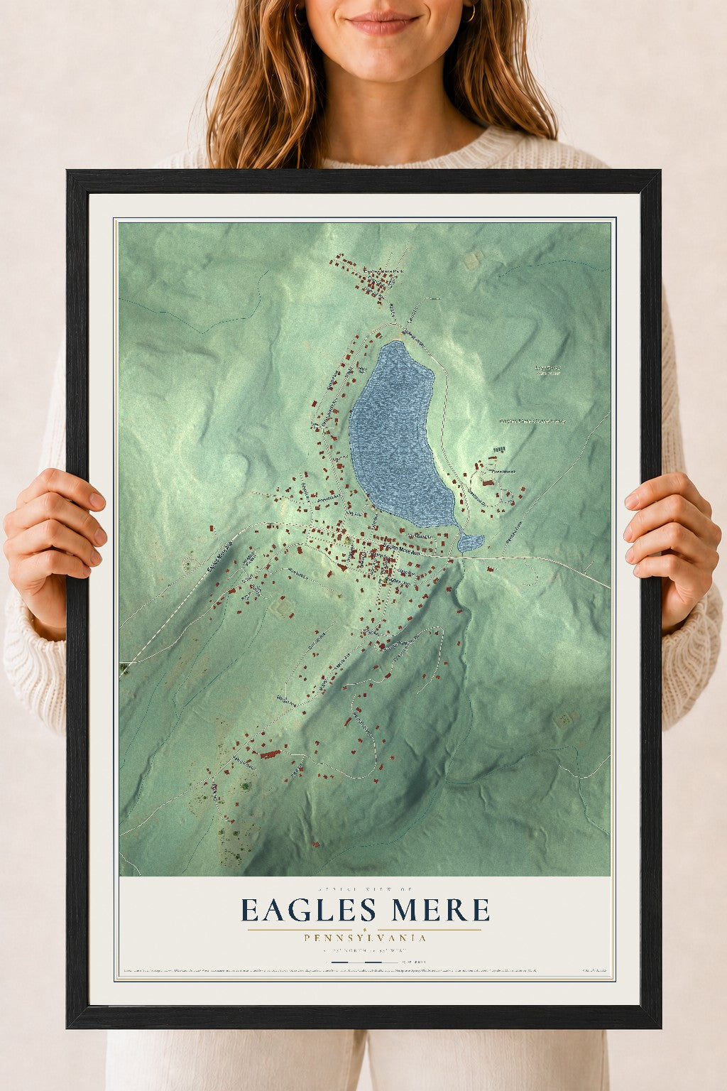 Map of Eagles Mere, Pennsylvania, 18 x 24 inch print in a black wood frame