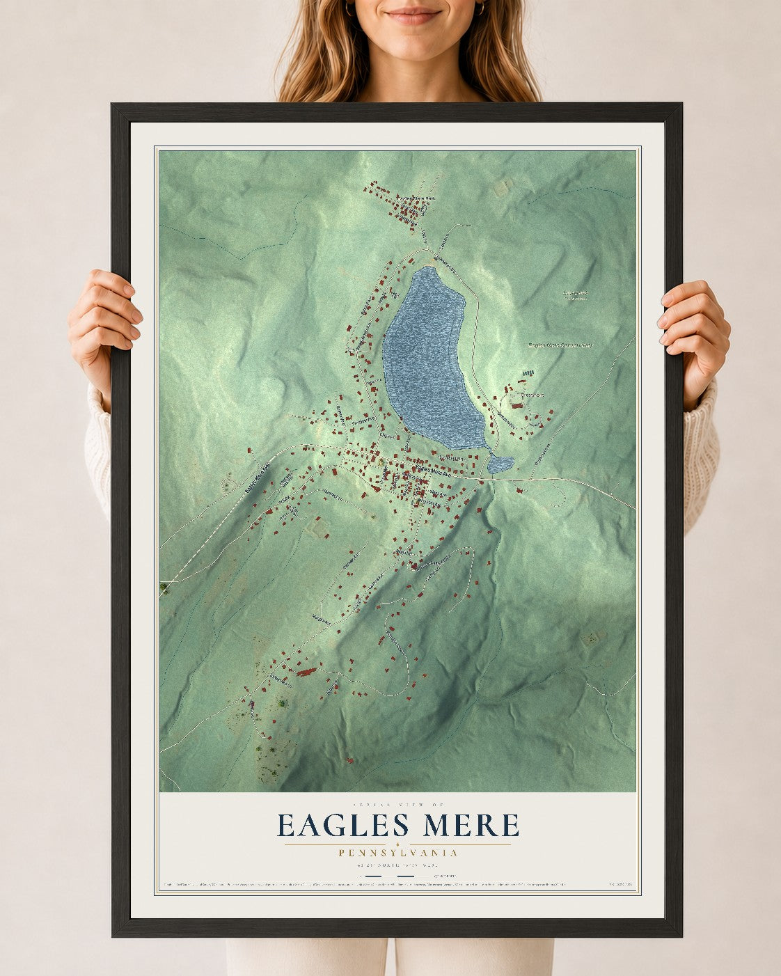 Map of Eagles Mere, Pennsylvania, 24 x 36 inch print in a black wood frame