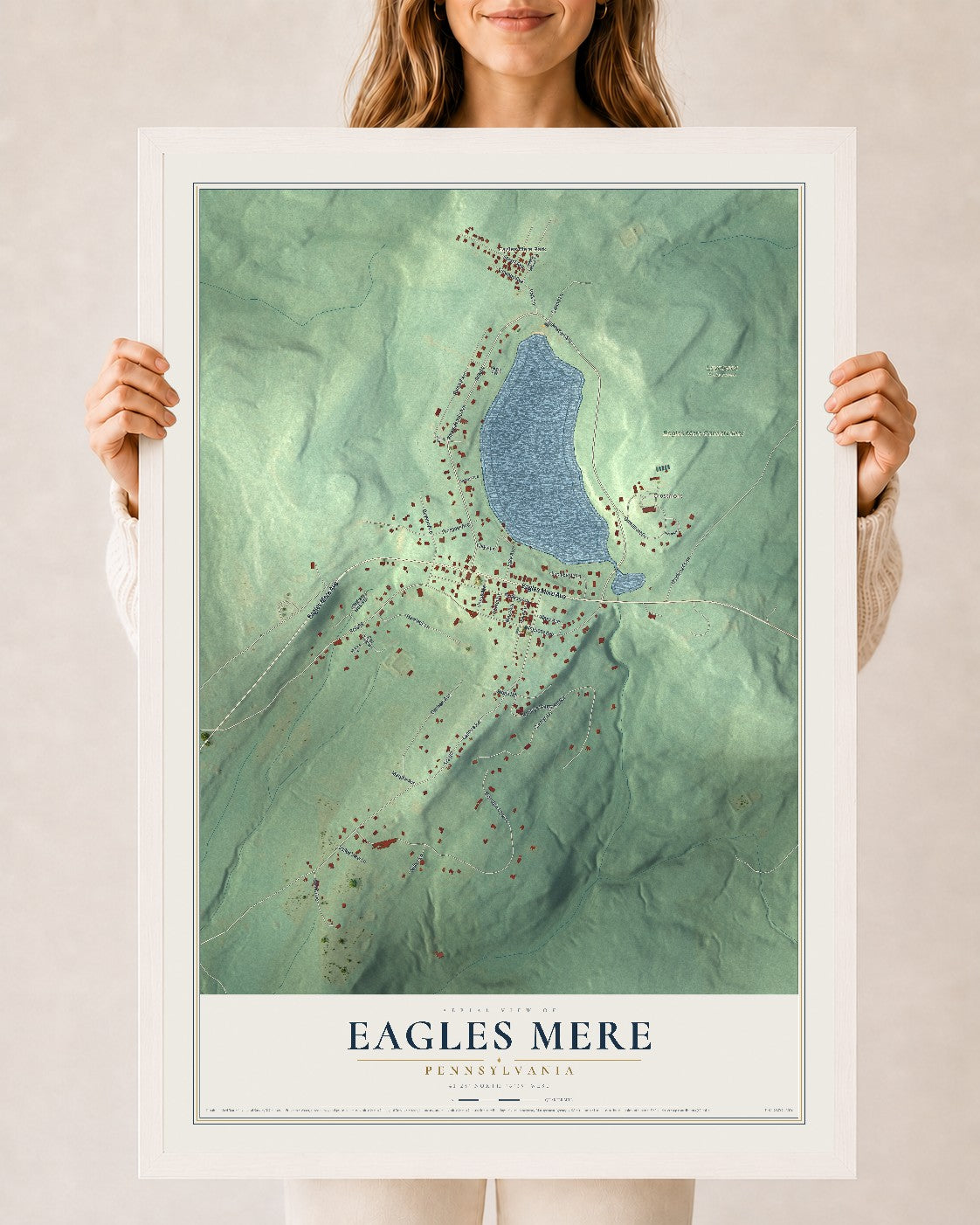 Map of Eagles Mere, Pennsylvania, 24 x 36 inch print in a white wood frame