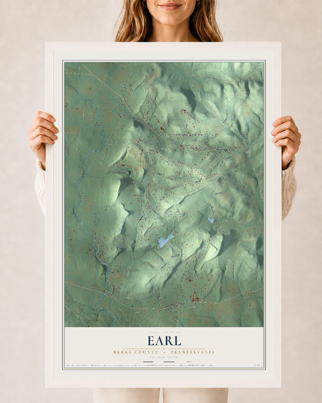 Map of Earl, Berks County, Pennsylvania, 24 x 36 inch print in a white wood frame