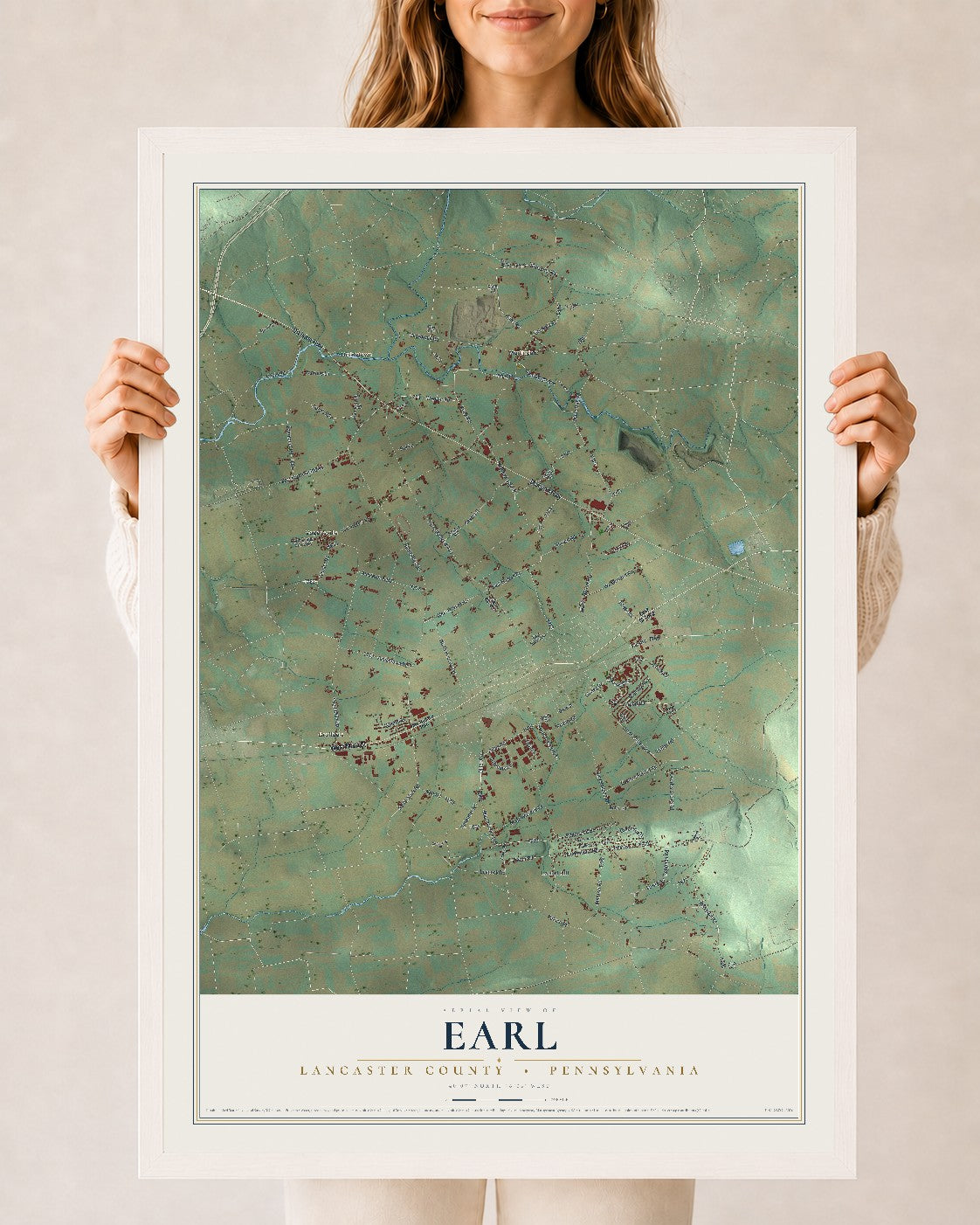 Map of Earl, Lancaster County, Pennsylvania, 24 x 36 inch print in a white wood frame
