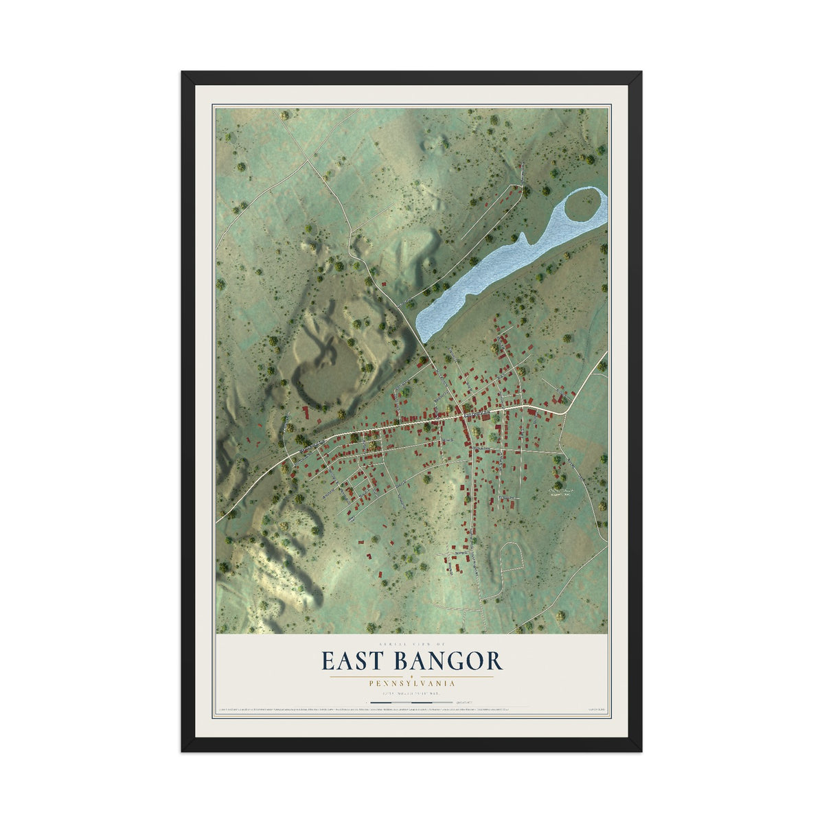 Map of East Bangor, Pennsylvania, 12 x 18 inch print in a black wood frame