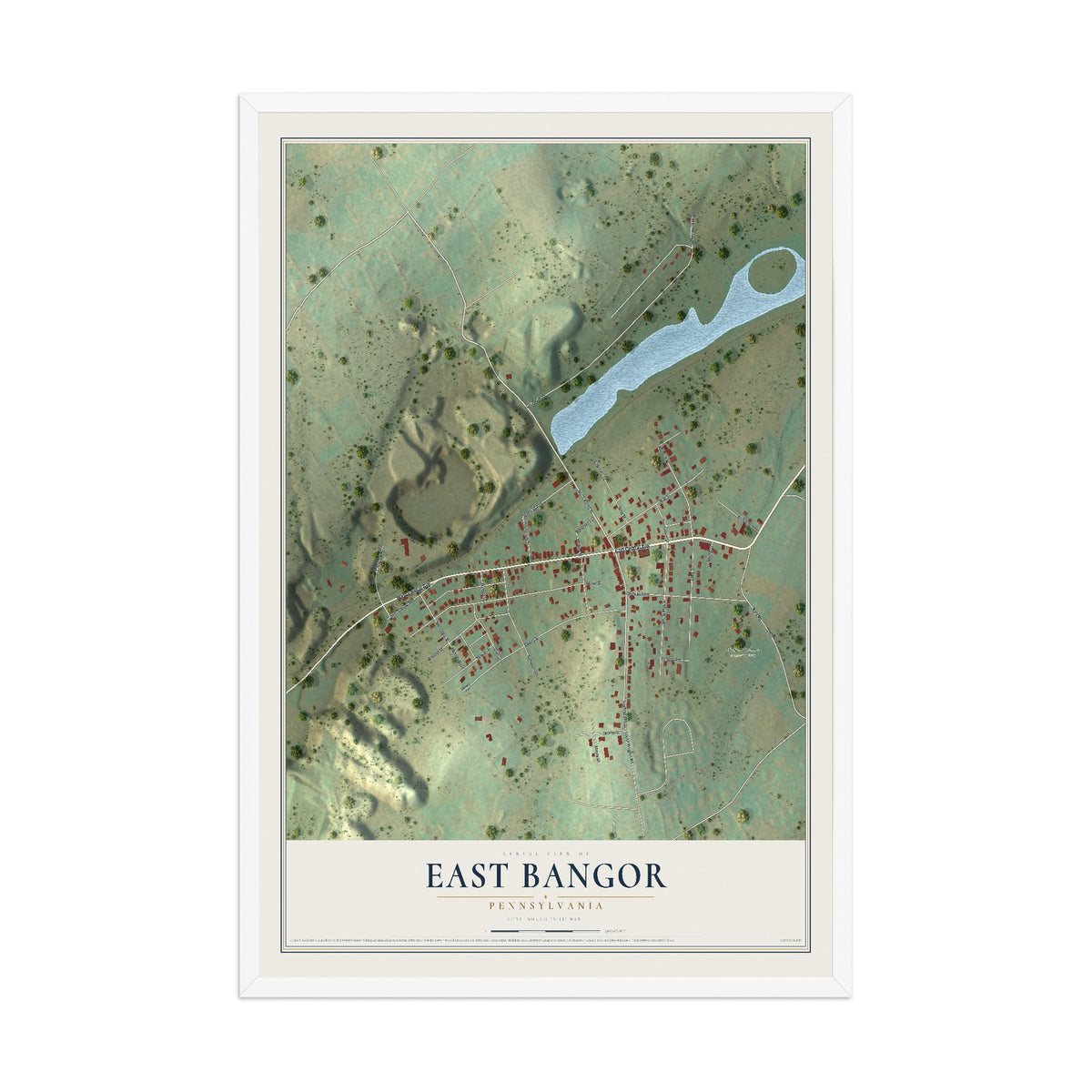 Map of East Bangor, Pennsylvania, 12 x 18 inch print in a white wood frame