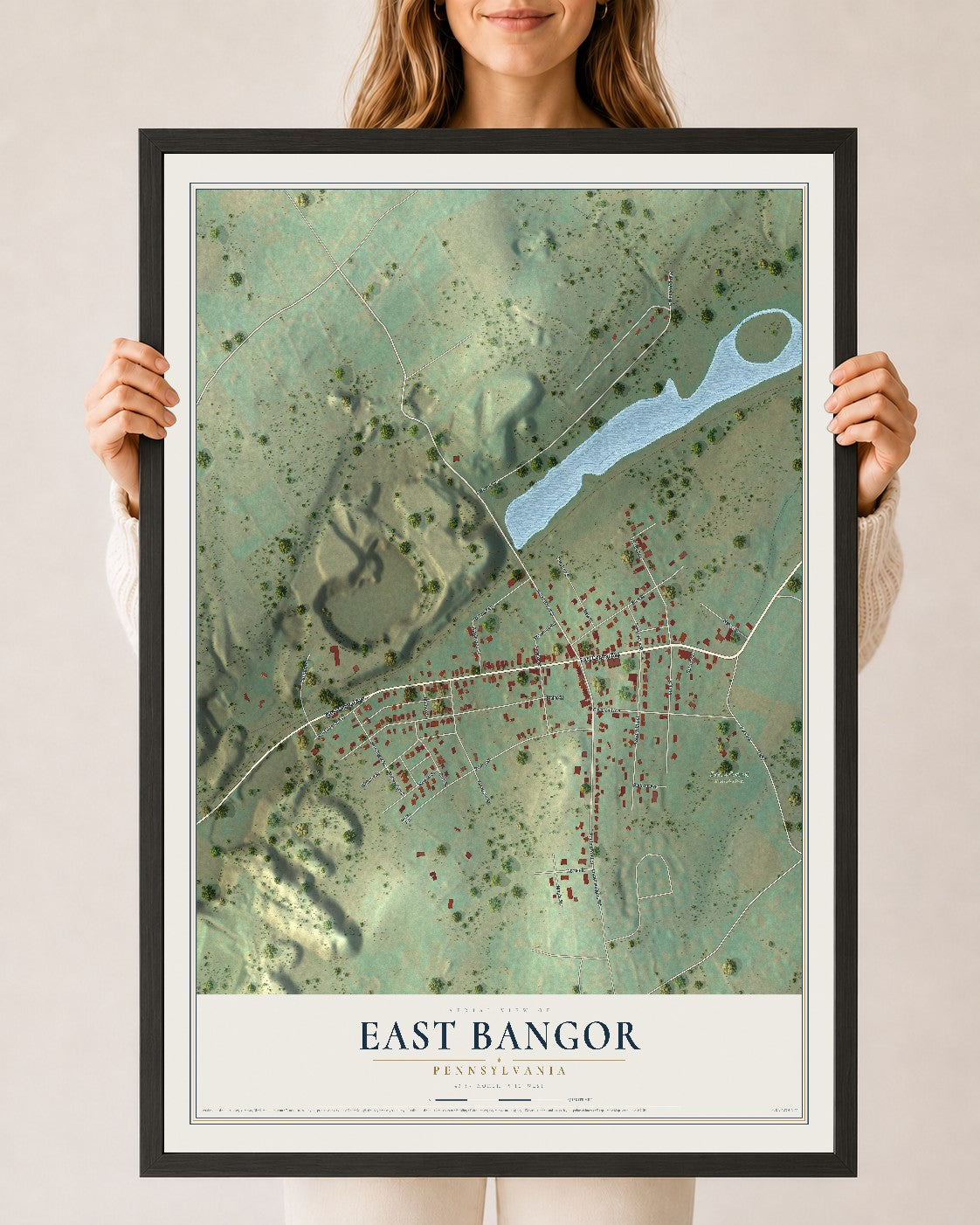 Map of East Bangor, Pennsylvania, 24 x 36 inch print in a black wood frame
