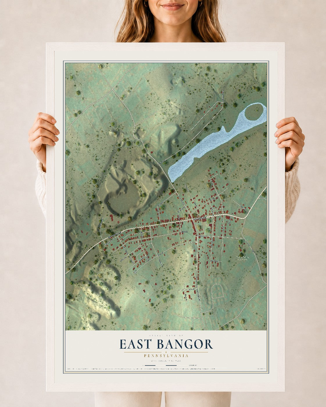 Map of East Bangor, Pennsylvania, 24 x 36 inch print in a white wood frame