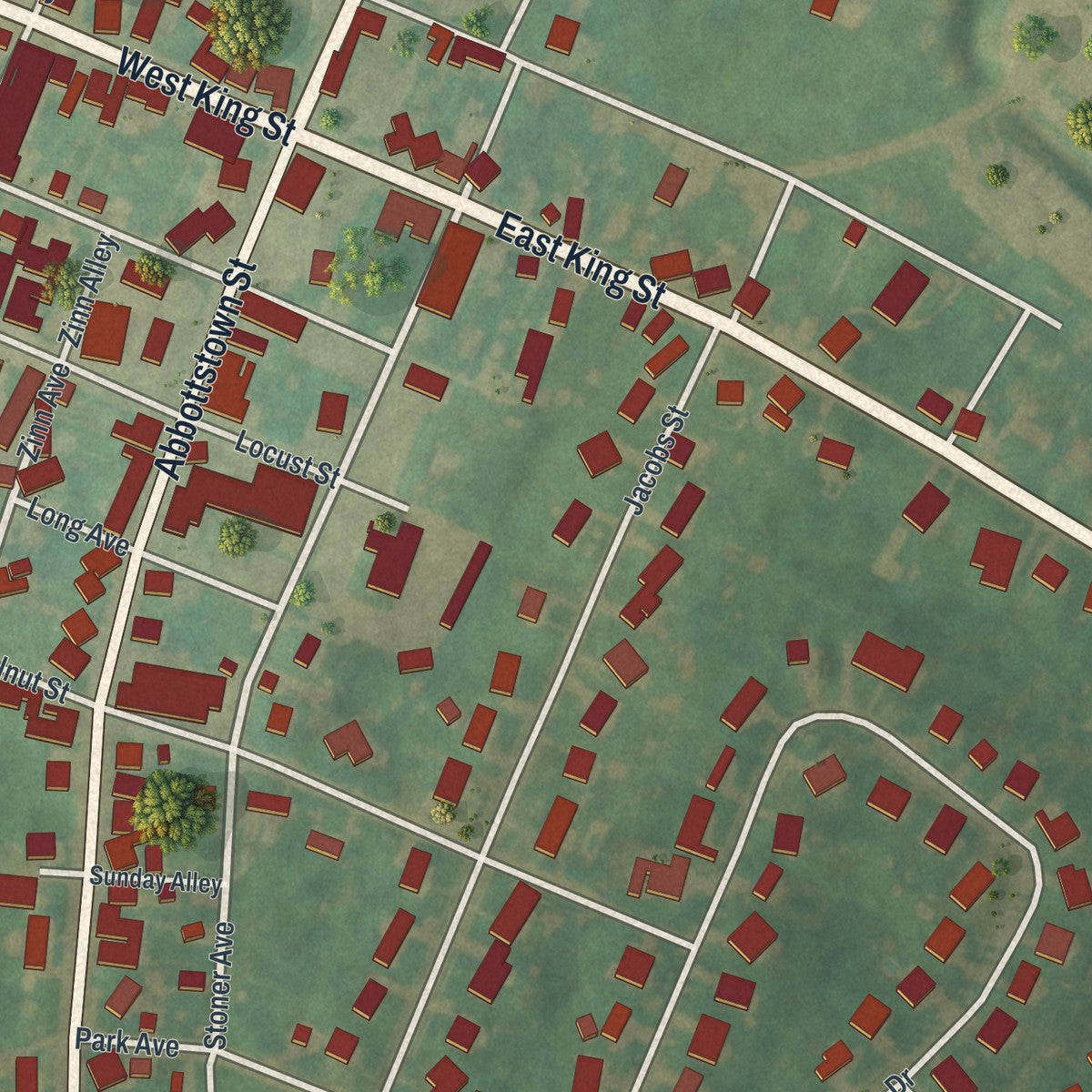 Close-up of the map of East Berlin, Pennsylvania print showing street and building detail