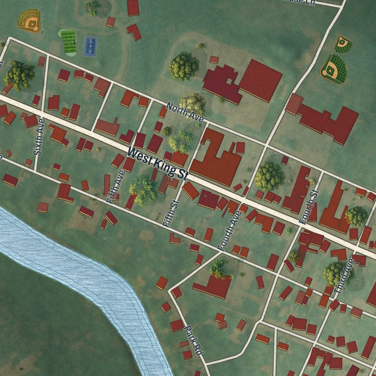 Second close-up of the map of East Berlin, Pennsylvania print showing more streets and buildings