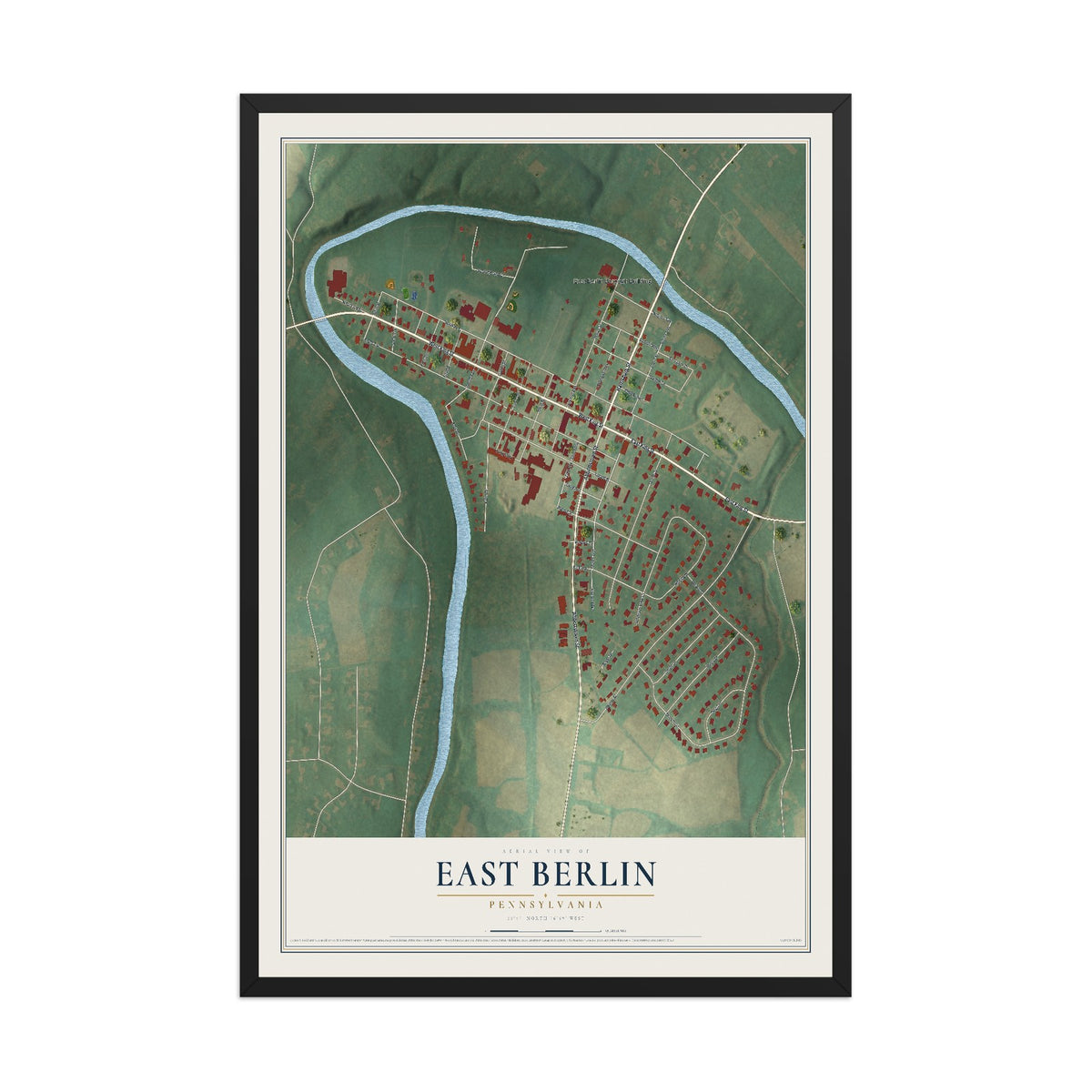 Map of East Berlin, Pennsylvania, 12 x 18 inch print in a black wood frame