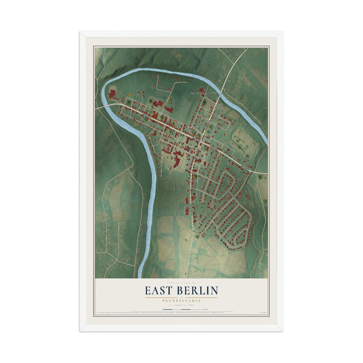 Map of East Berlin, Pennsylvania, 12 x 18 inch print in a white wood frame