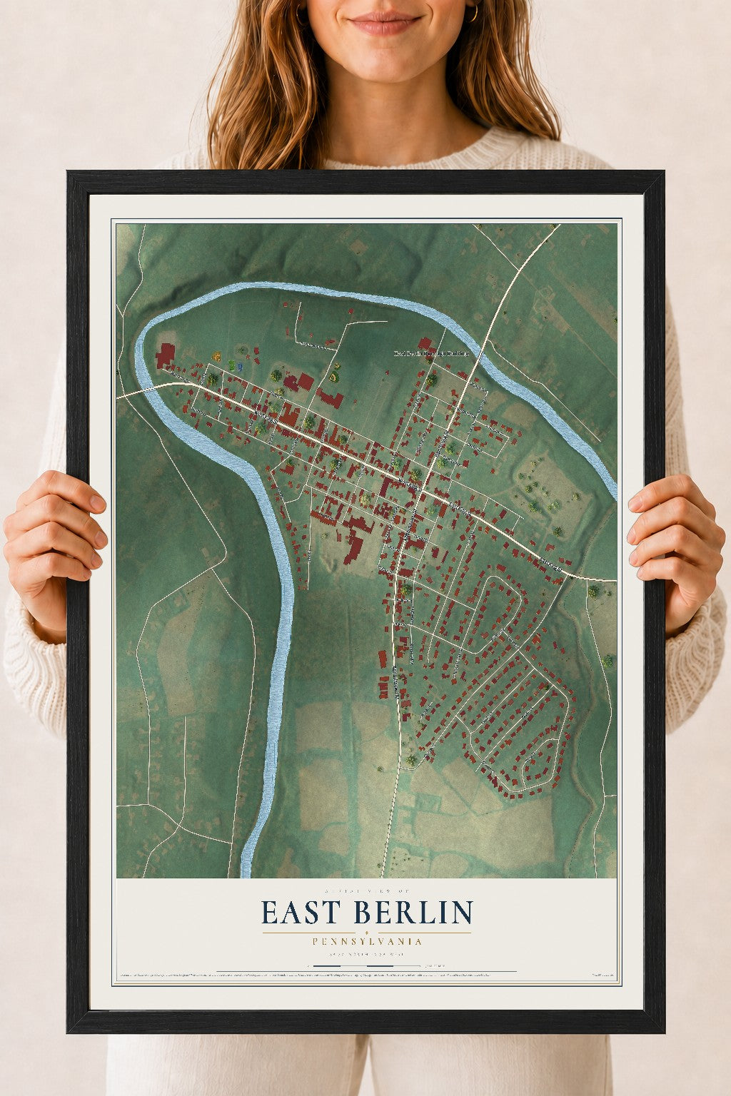 Map of East Berlin, Pennsylvania, 18 x 24 inch print in a black wood frame