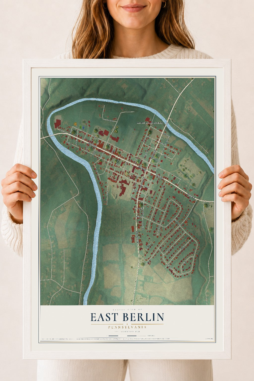 Map of East Berlin, Pennsylvania, 18 x 24 inch print in a white wood frame