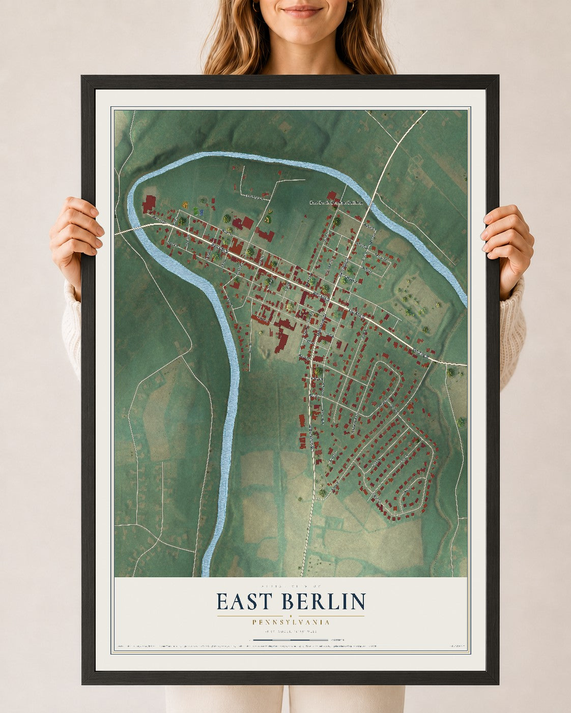 Map of East Berlin, Pennsylvania, 24 x 36 inch print in a black wood frame