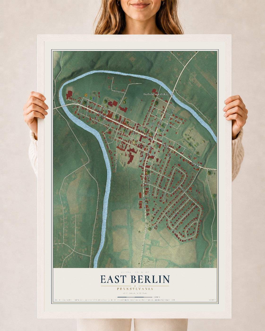 Map of East Berlin, Pennsylvania, 24 x 36 inch print in a white wood frame