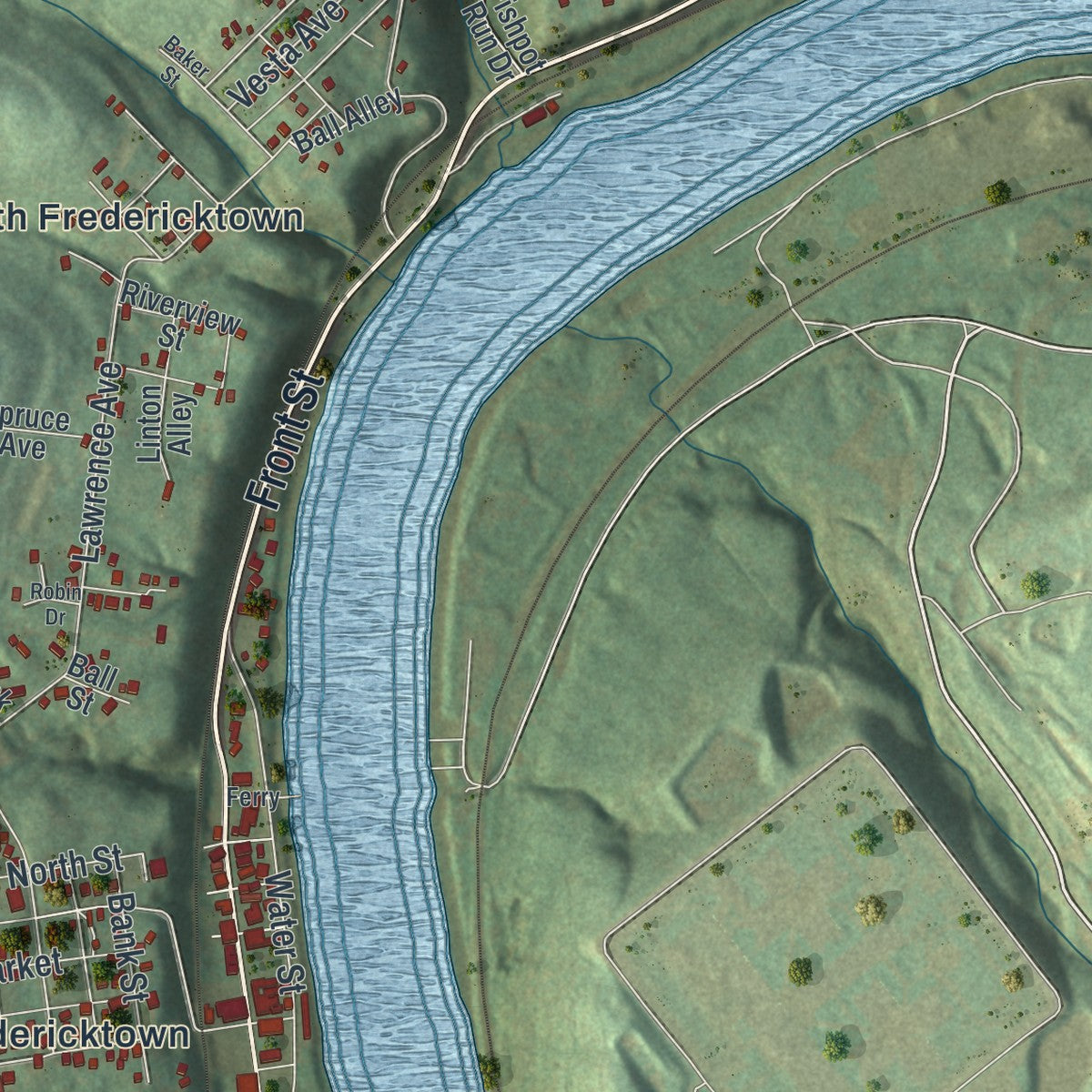 Second close-up of the map of East Bethlehem, Pennsylvania print showing more streets and buildings