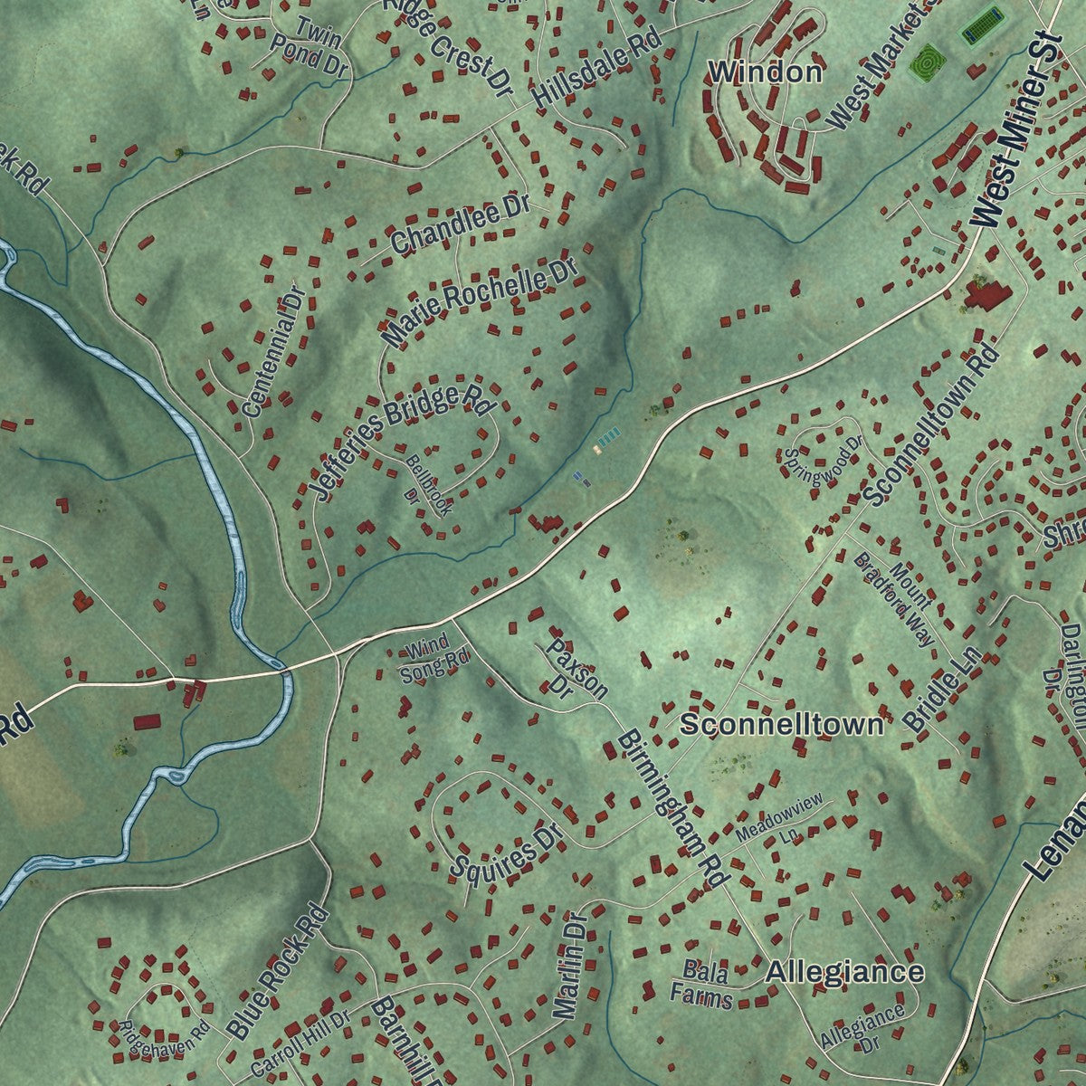 Close-up of the map of East Bradford, Pennsylvania print showing street and building detail