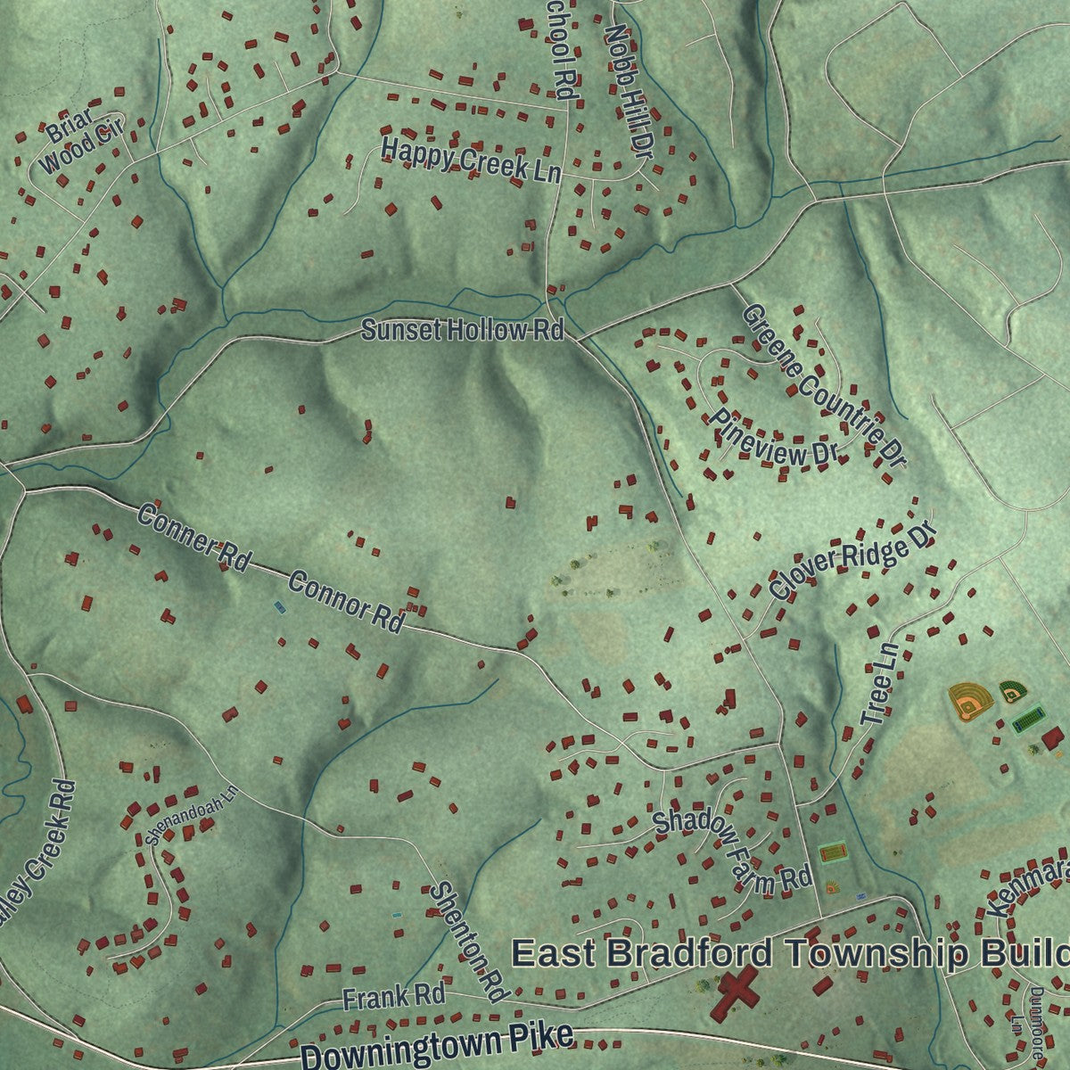 Second close-up of the map of East Bradford, Pennsylvania print showing more streets and buildings