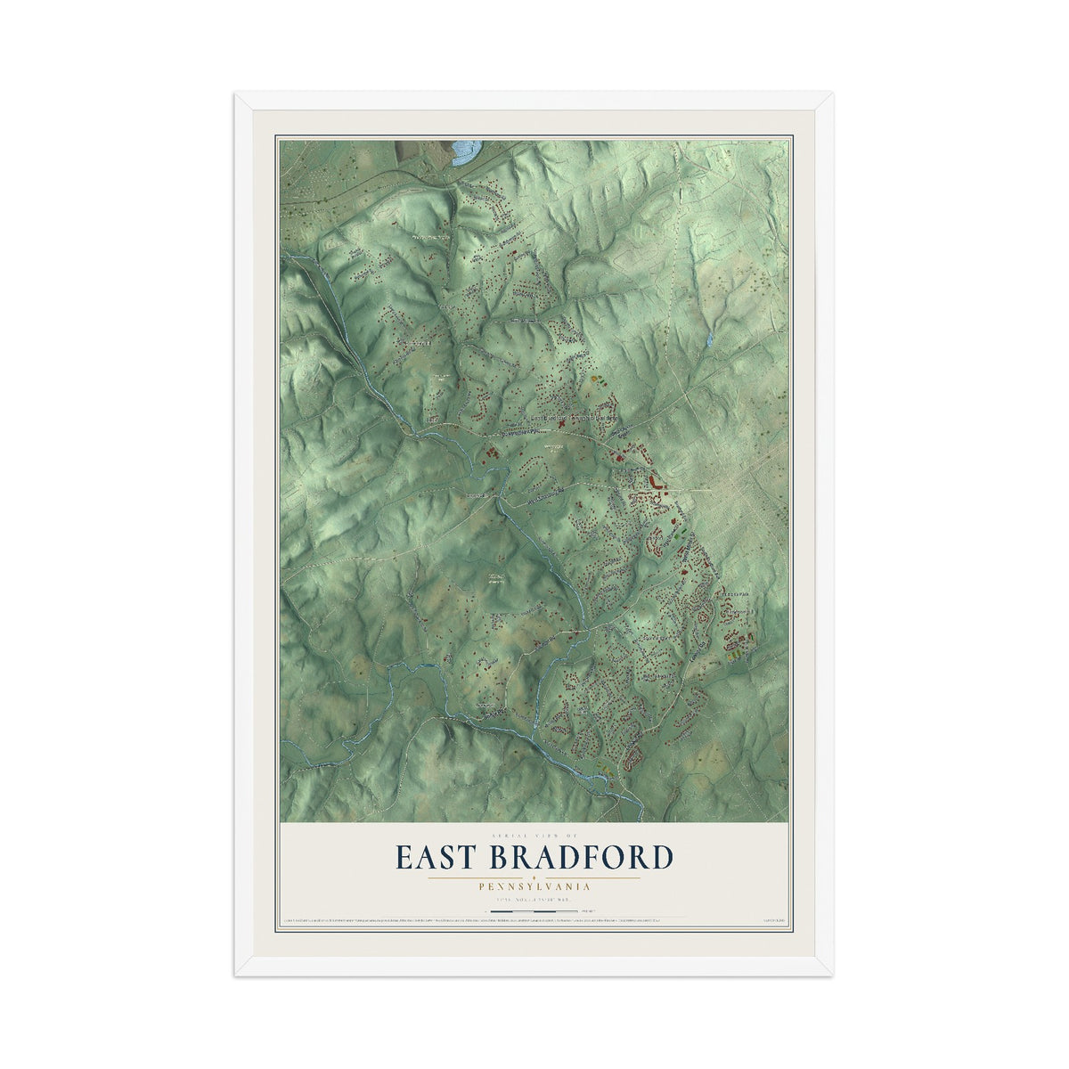 Map of East Bradford, Pennsylvania, 12 x 18 inch print in a white wood frame