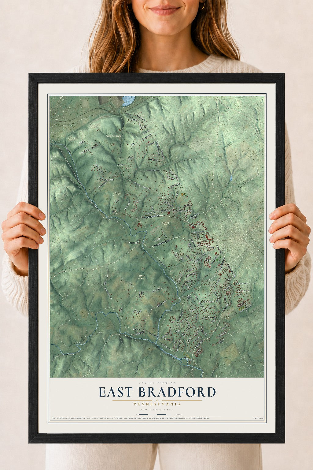 Map of East Bradford, Pennsylvania, 18 x 24 inch print in a black wood frame
