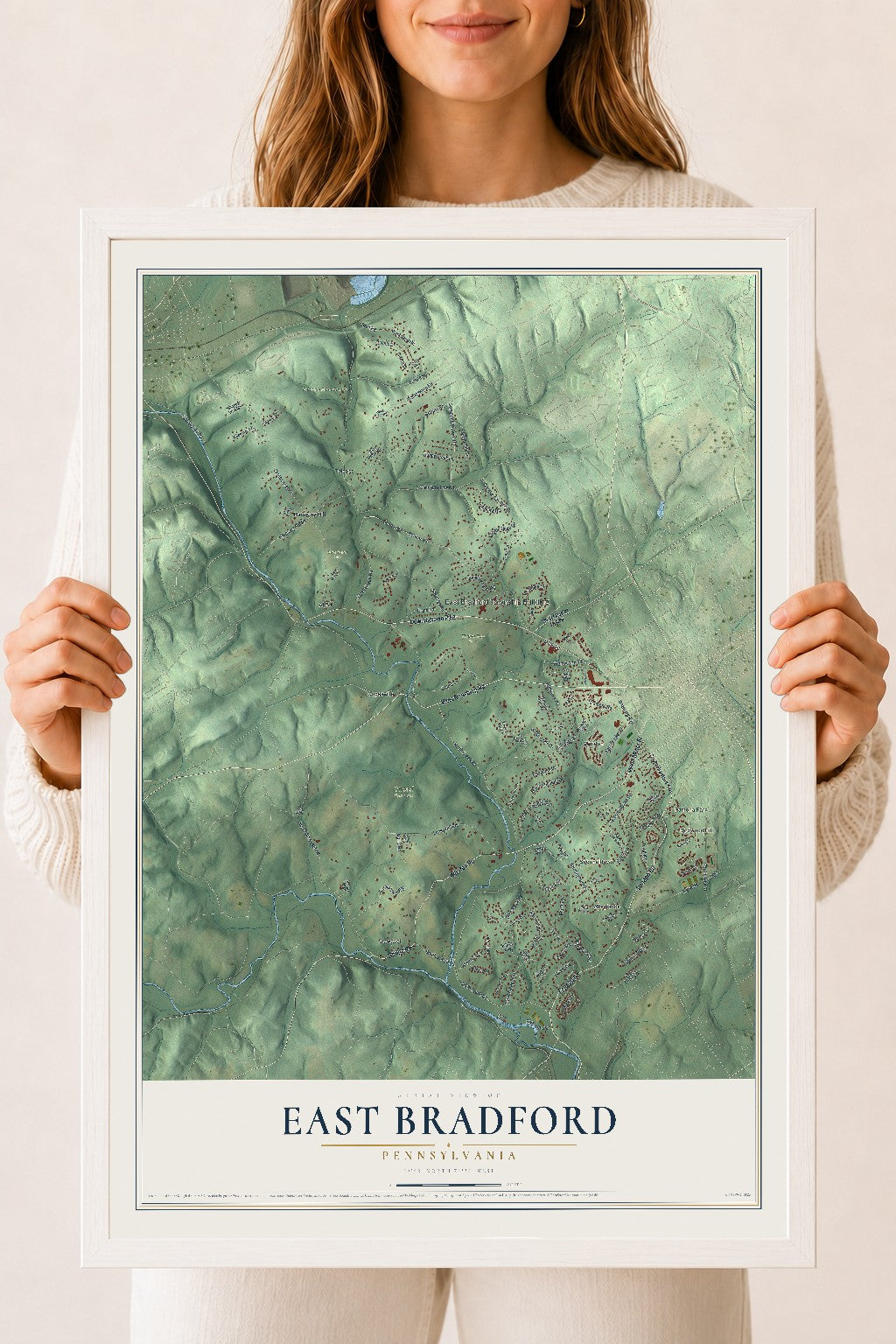Map of East Bradford, Pennsylvania, 18 x 24 inch print in a white wood frame