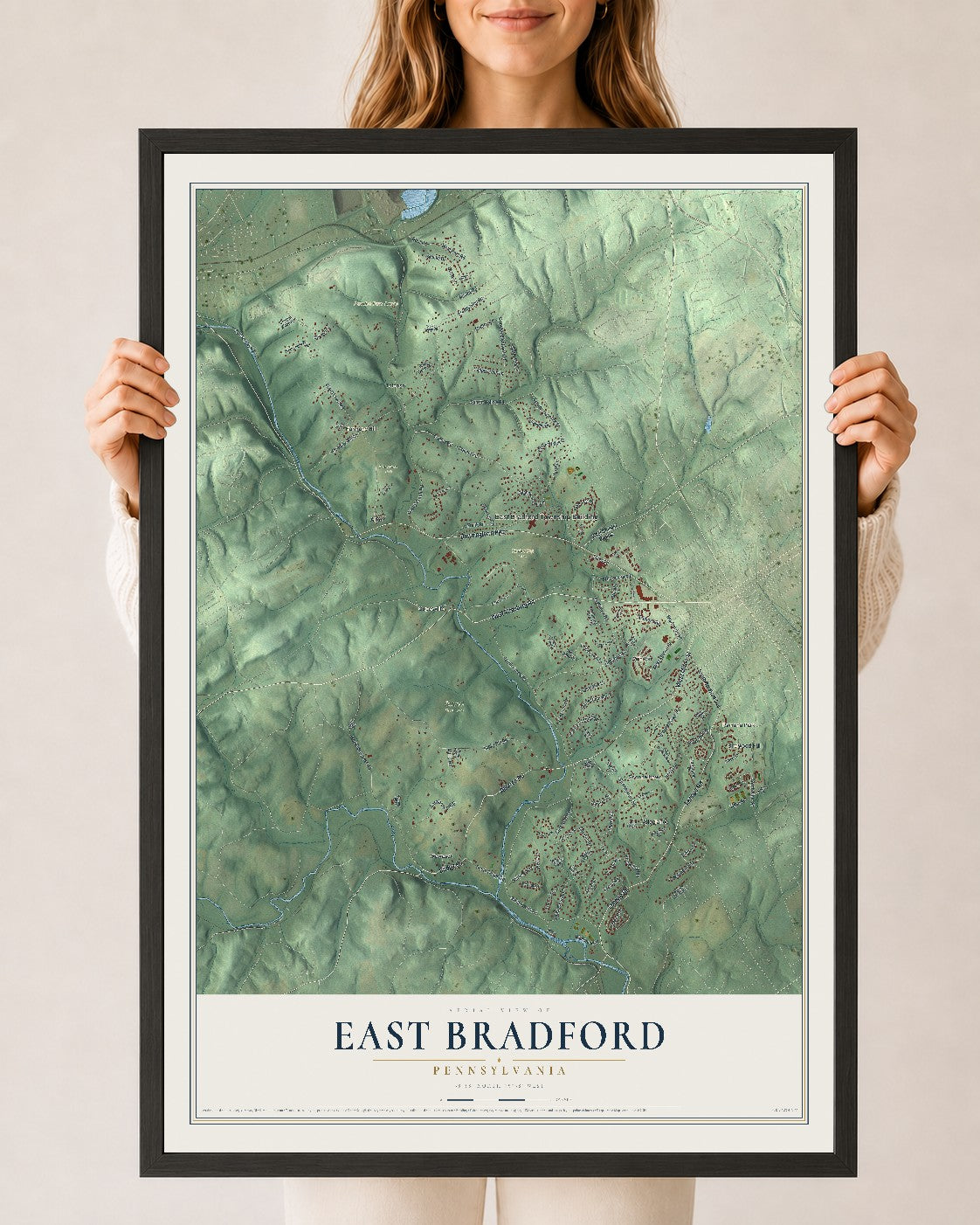 Map of East Bradford, Pennsylvania, 24 x 36 inch print in a black wood frame