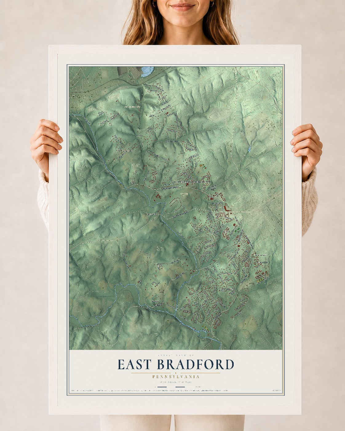 Map of East Bradford, Pennsylvania, 24 x 36 inch print in a white wood frame