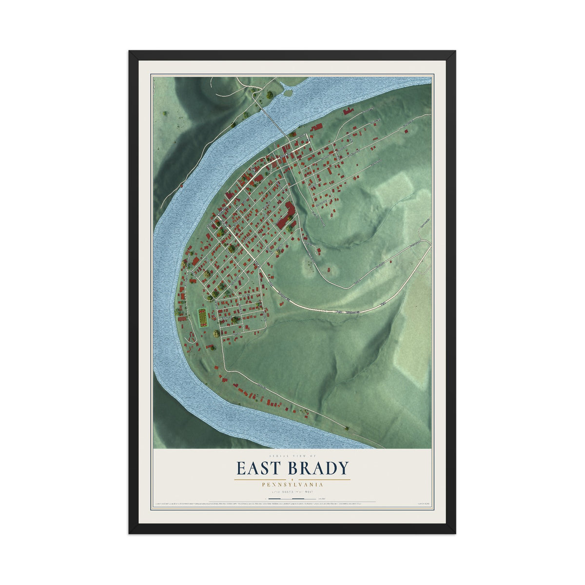 Map of East Brady, Pennsylvania, 12 x 18 inch print in a black wood frame