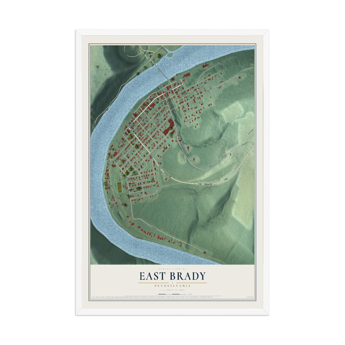 Map of East Brady, Pennsylvania, 12 x 18 inch print in a white wood frame