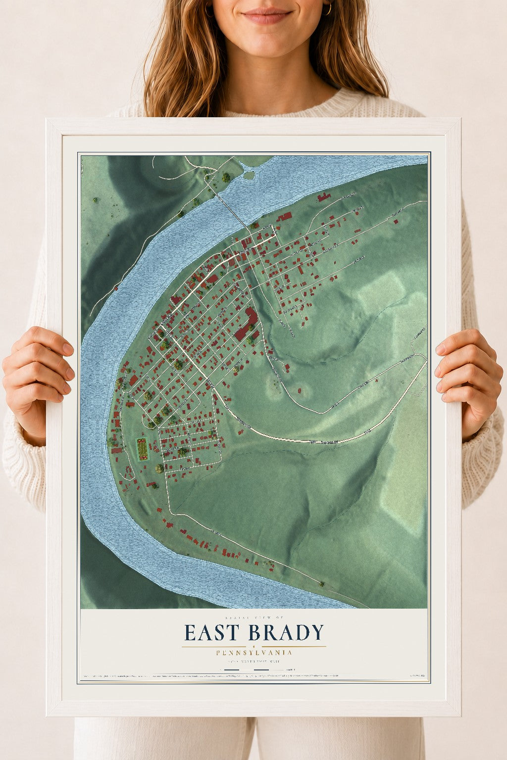 Map of East Brady, Pennsylvania, 18 x 24 inch print in a white wood frame