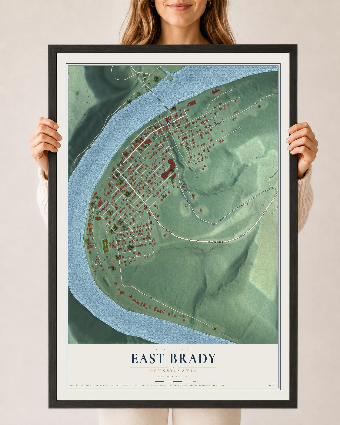 Map of East Brady, Pennsylvania, 24 x 36 inch print in a black wood frame
