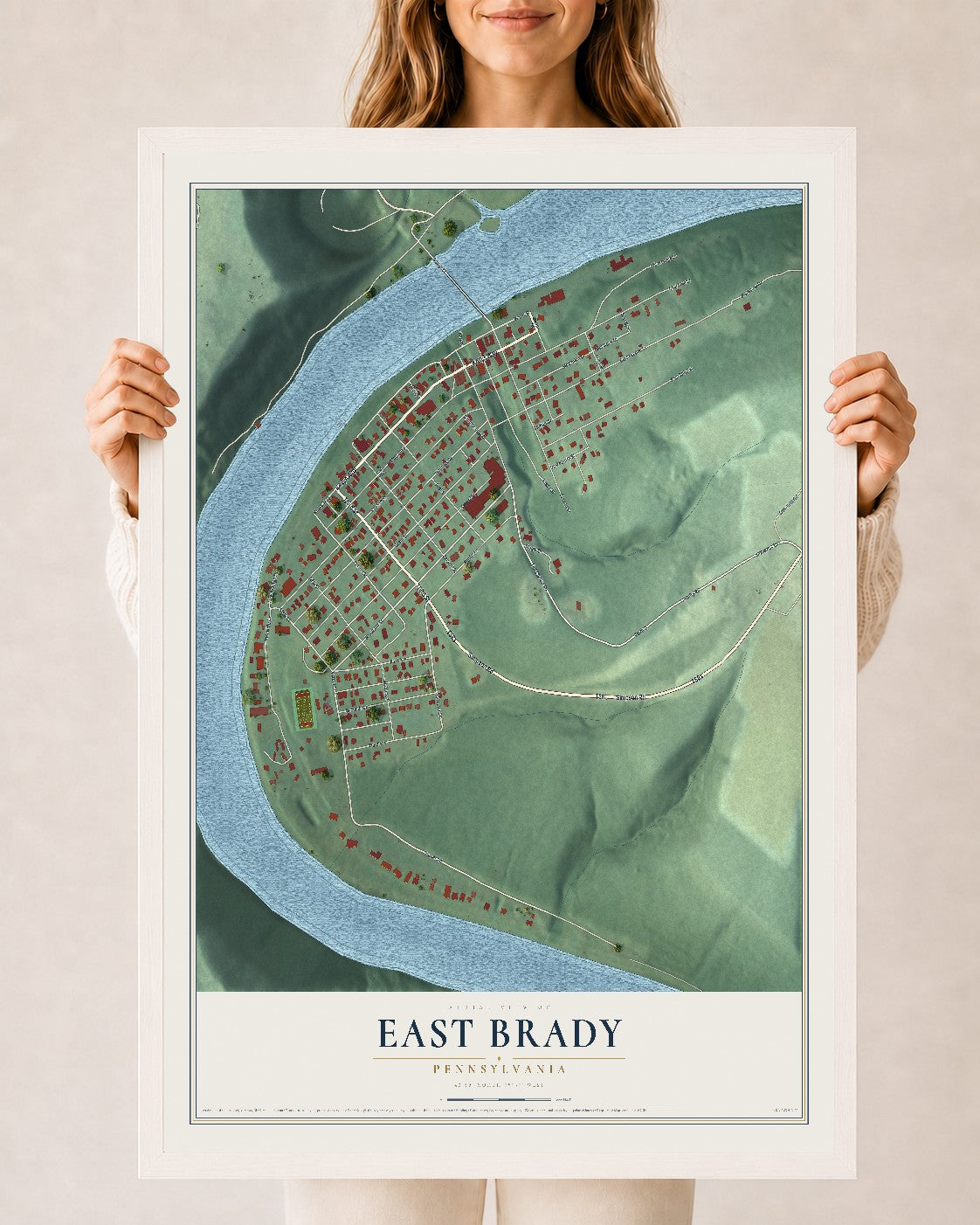 Map of East Brady, Pennsylvania, 24 x 36 inch print in a white wood frame