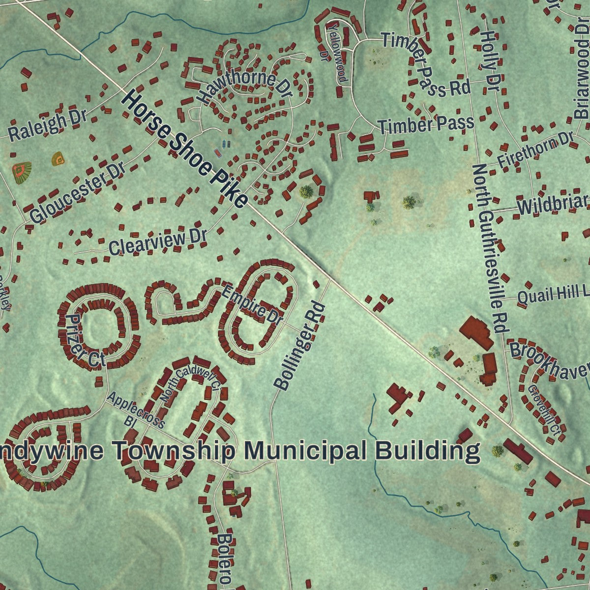 Close-up of the map of East Brandywine, Pennsylvania print showing street and building detail