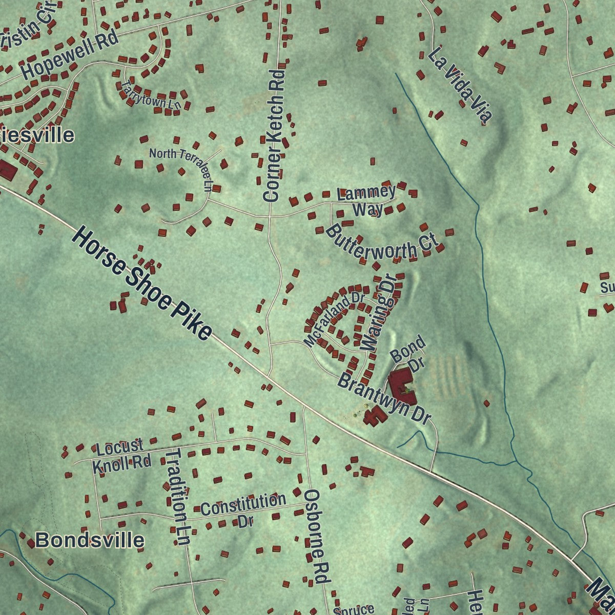 Second close-up of the map of East Brandywine, Pennsylvania print showing more streets and buildings
